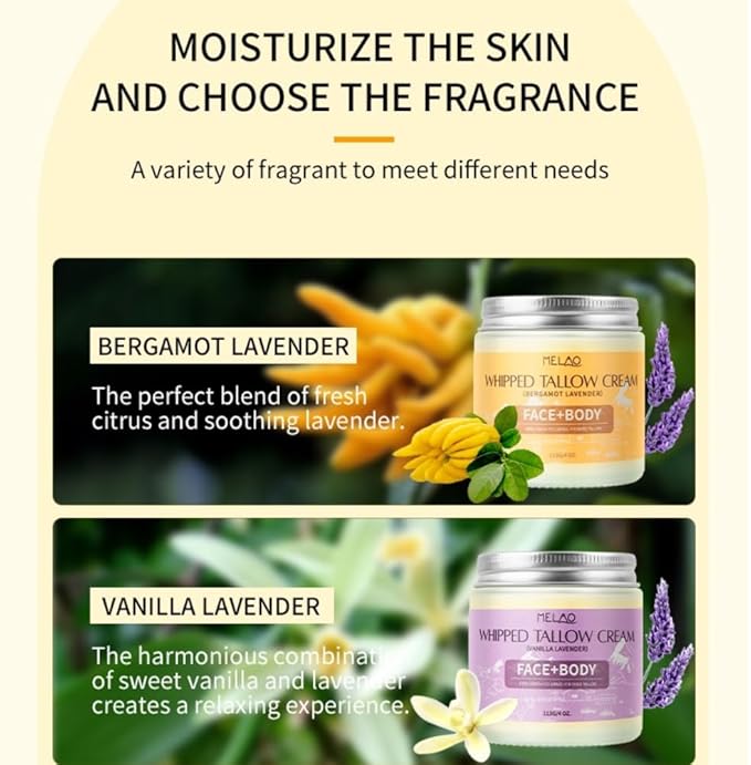 Beef Tallow Moisturize Cream for Skin - Tallow Body Skin Balm - Skin Moisturizer for Face & Body (113g, Vanilla Lavender)