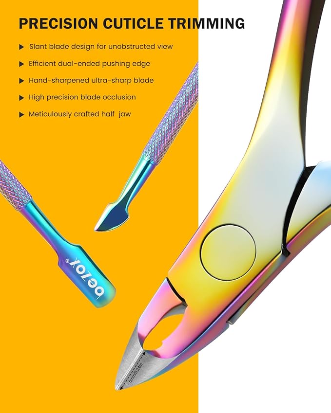 BEZOX Cuticle Trimmer with Pusher - Salon Quality Cuticle Clipper with Cuticle Pushers, Super Sharp Cuticle Cutters and Dual-End Nail Pushers Cuticle Stick, Professional Manicure Tools - Rainbow