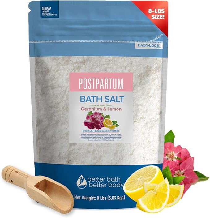 Postpartum Sitz Bath Soak 128 Ounces (8 Lbs) Bulk Bag Postpartum Care for New Moms Bath Salt with Essential Oils in Easy Press Lock BPA Free Pouch Made with Natural Ingredients Made in USA