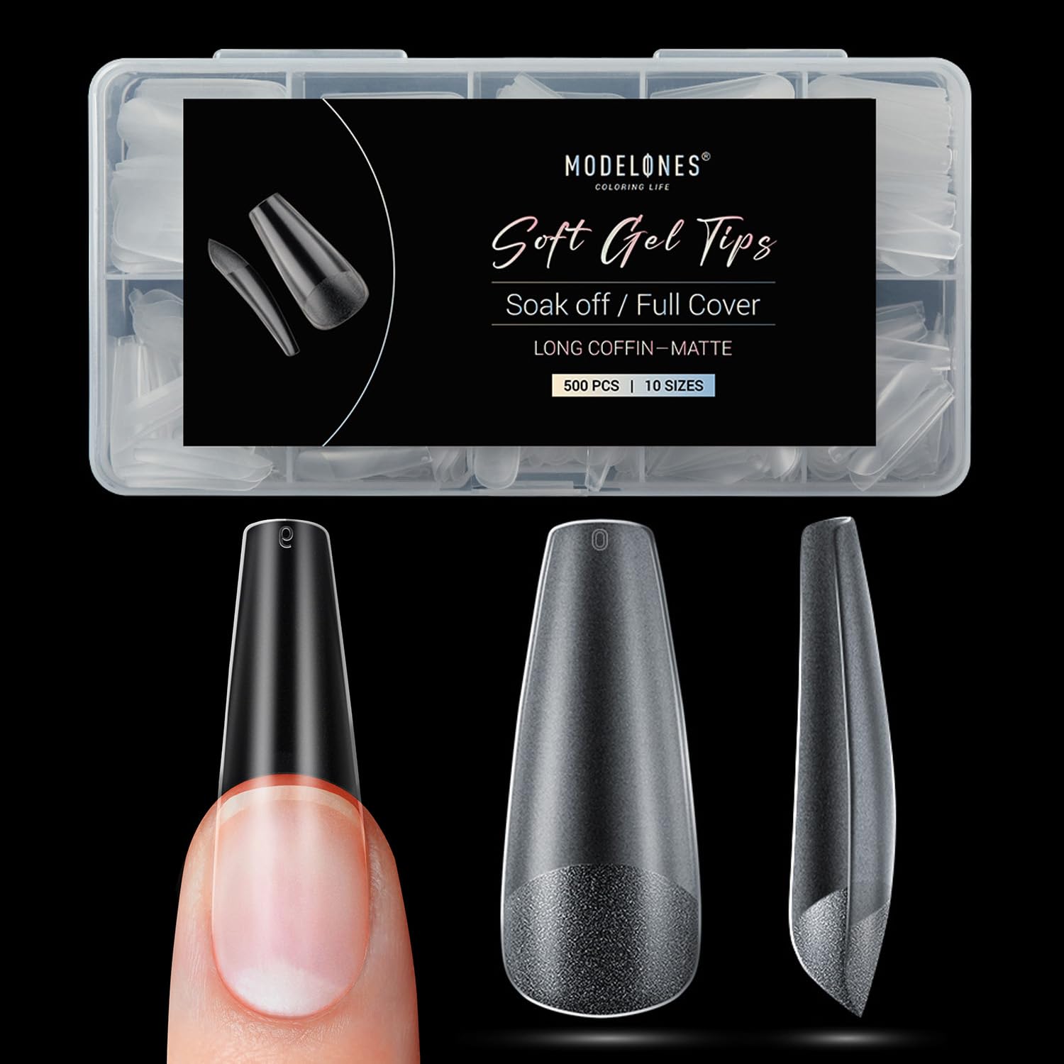 Modelones Long Coffin Nail Tips Fake Nails Gel Tips Full Matte Cover More Friction for Acrylic Professional Extension Gel Manicure Art Design 10 Sizes