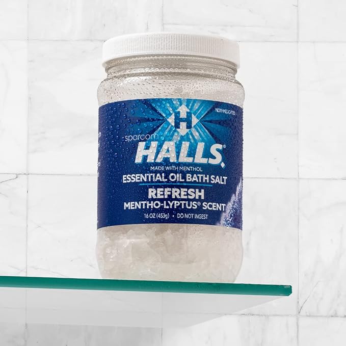 Halls Refresh Menthol with 100% Pure Essential Oils Aromatherapy Bath Salts, 16 oz, Eucalyptus, Menthol and Mentho-Lyptus Scent