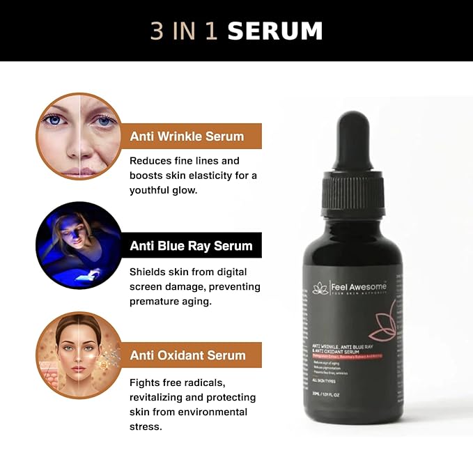 Anti Wrinkle, Anti Blue Ray & Anti Oxidant Serum with Retinol, Niacinamide, Hyaluronic Acid | 3 in One Serum | Hydrates & Smoothens Skin | 1 Fl Oz / 30 ml