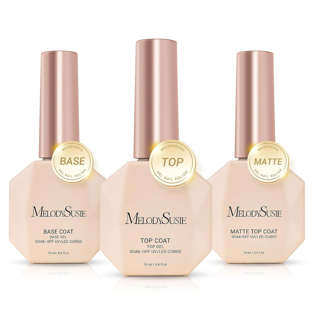MelodySusie Top Coat Matte Top Coat Base Coat No Wipe Glossy Set Long Lasting Shine Finish Soak Off UV LED Nail Lamp Nail Art Design Manicure Kit Perfect Gifts for Women Girls 3 Pcs 15ml Clear