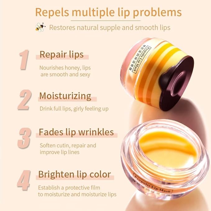 5PCS Bee Lip Balm Honey Pot，Honey&Strawberry&Watermelon&Cherry&Apple Lip Mask Overnight Propolis Moisturizing Lip Balm Hydrating Prevention Dry and Crack Lip Scrubs Exfoliator Lip Wrinkle Care