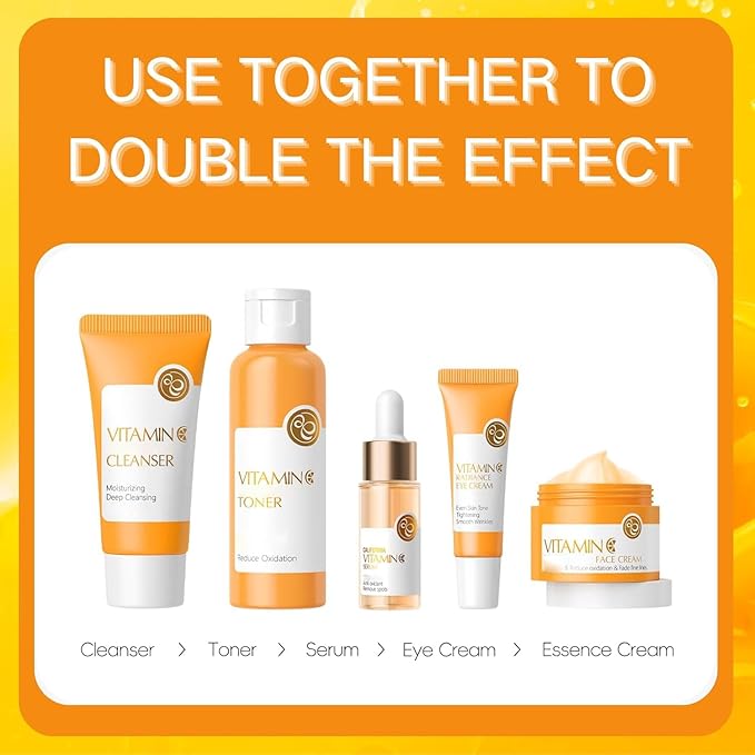 Vitamin C Skincare Set, 5Pcs Skincare Gift Set With Cleanser, Toner, Face Serum, Face Cream, And Eye Cream, Facial Kit for Women, 5-In-1 Skin care Gift Set, Moisturizing Skincare Set For Women Men