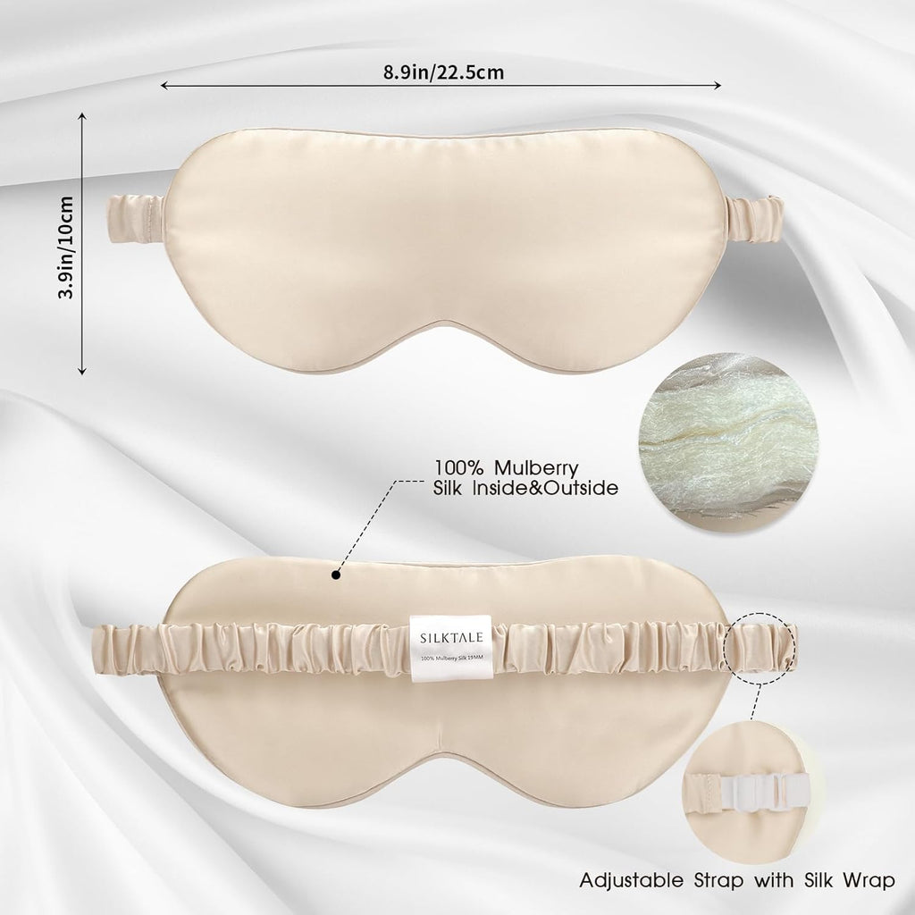 100% Mulberry Silk Eye Mask for Sleeping with Silk Wrapped Adjustable Strap,Beige