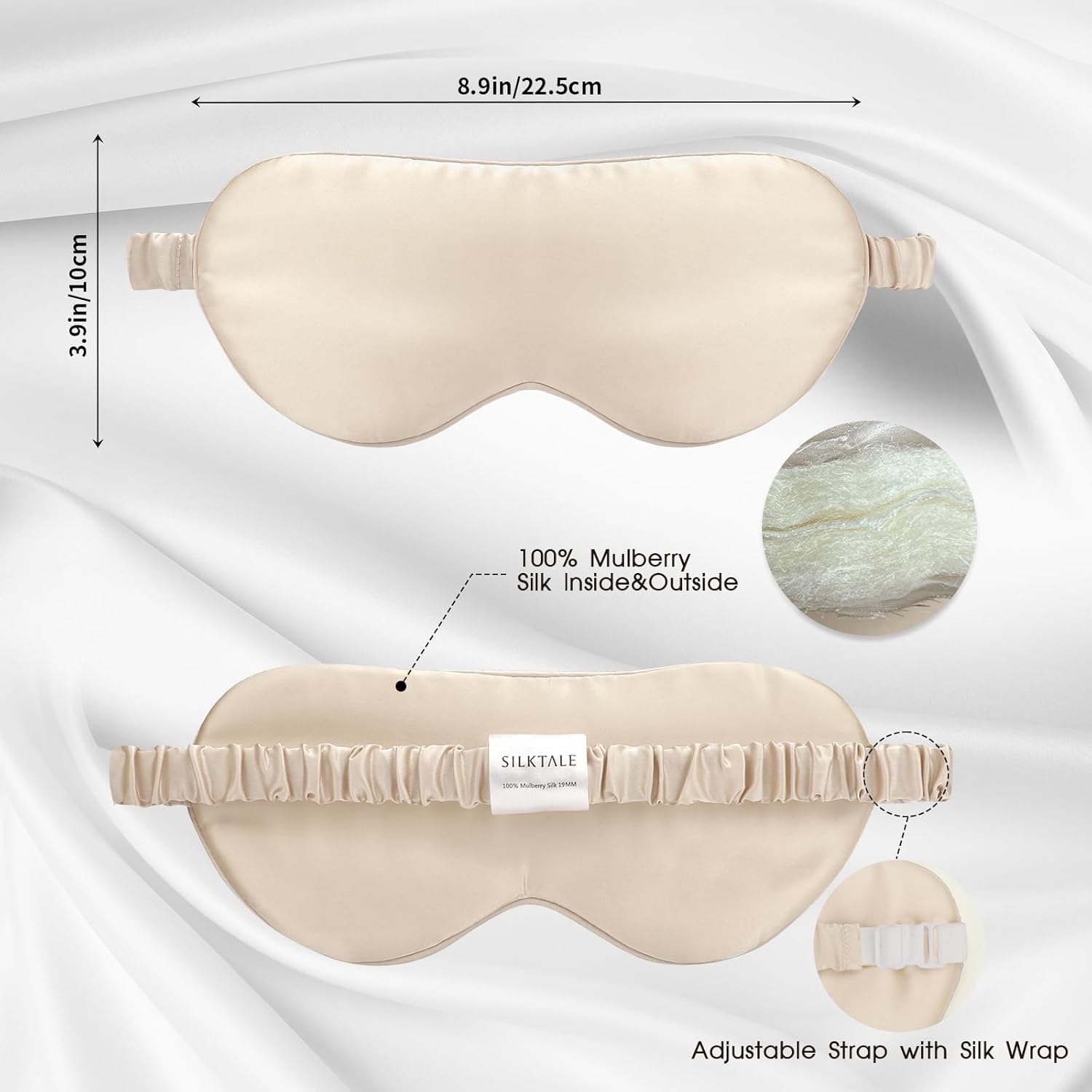 100% Mulberry Silk Eye Mask for Sleeping with Silk Wrapped Adjustable Strap,Beige