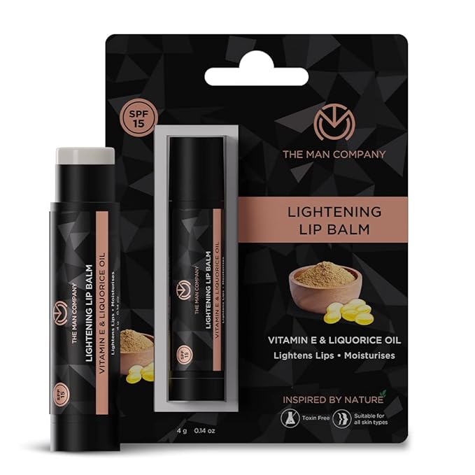 The Man Company Lightening Lip Balm for Men with Vitamin E & Liquorice Oil (0.14 oz), Lightens Darkened Lips, Nourishes, Moisturizes & Hydrates | PABA Free