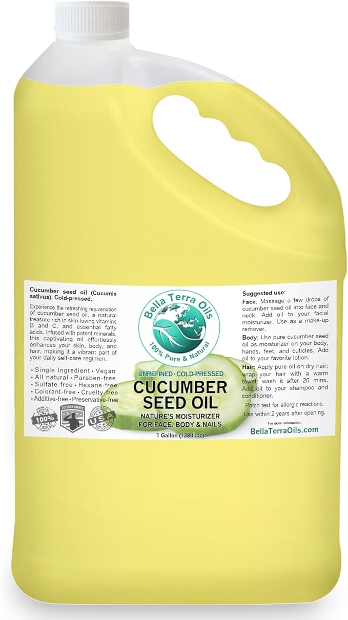 Bella Terra Oils Pure Cucumber Seed Oil for Refreshing Skin and Hair Care – 1 gallon, Vitamin E Rich