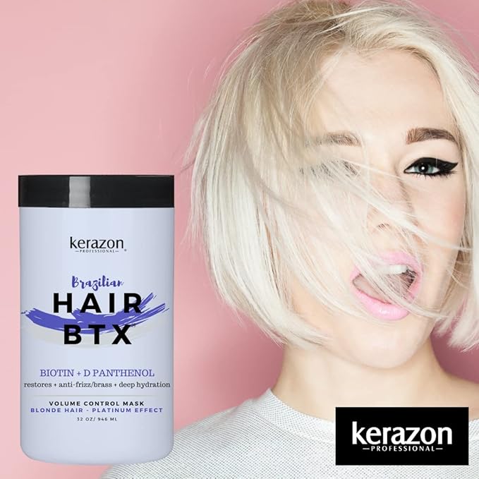 KERAZON Blonde Brazilian Hair BTX Treatment Purple Mask Platinum Effect & Silver Hair Providing Smoothing, Deep Hydration, Anti-Brass, Shine, Softness, Volume And Frizz Control. Salon Size.