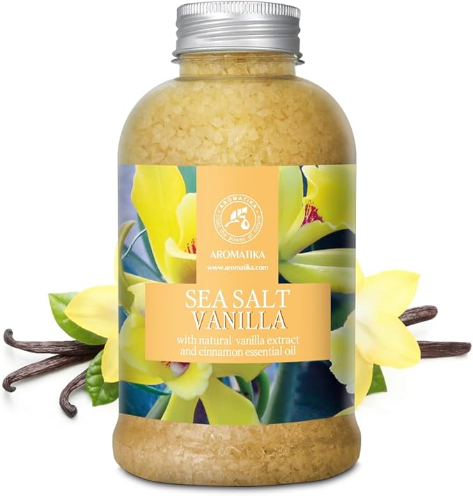 Sea Salt Vanilla 21.16 Oz - w/Vanilla & Cinnamon Essential Oils - Natural Bath Sea Salts - Best for Bath - Good Sleep - Relaxing - Body Care - Beauty