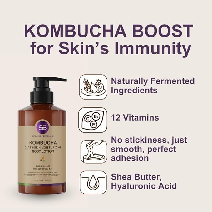 BALANCE YOUR BIOME Kombucha Glass-Skin Moisturizing Body Lotion, Fermented soybeans, barley, pear juice, pomegranate,12 types of Vitamin. pH balance, K-Beauty,16.9 fl.oz.500ml,No Silicone