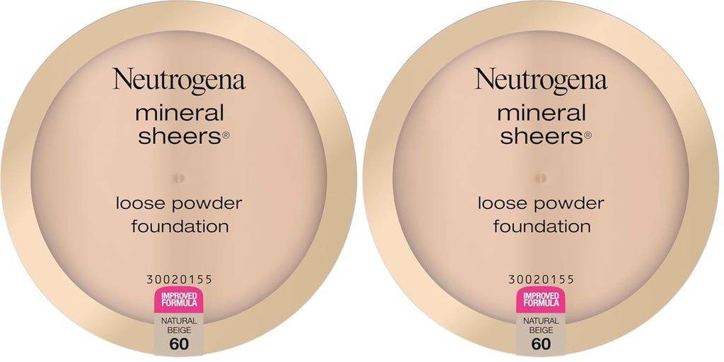 Neutrogena Mineral Sheers Lightweight Loose Powder Makeup Foundation with Vitamins A, C, & E, Sheer to Medium Buildable Coverage, Skin Tone Enhancer, Face Redness Reducer, Natural Beige 60,.19 oz