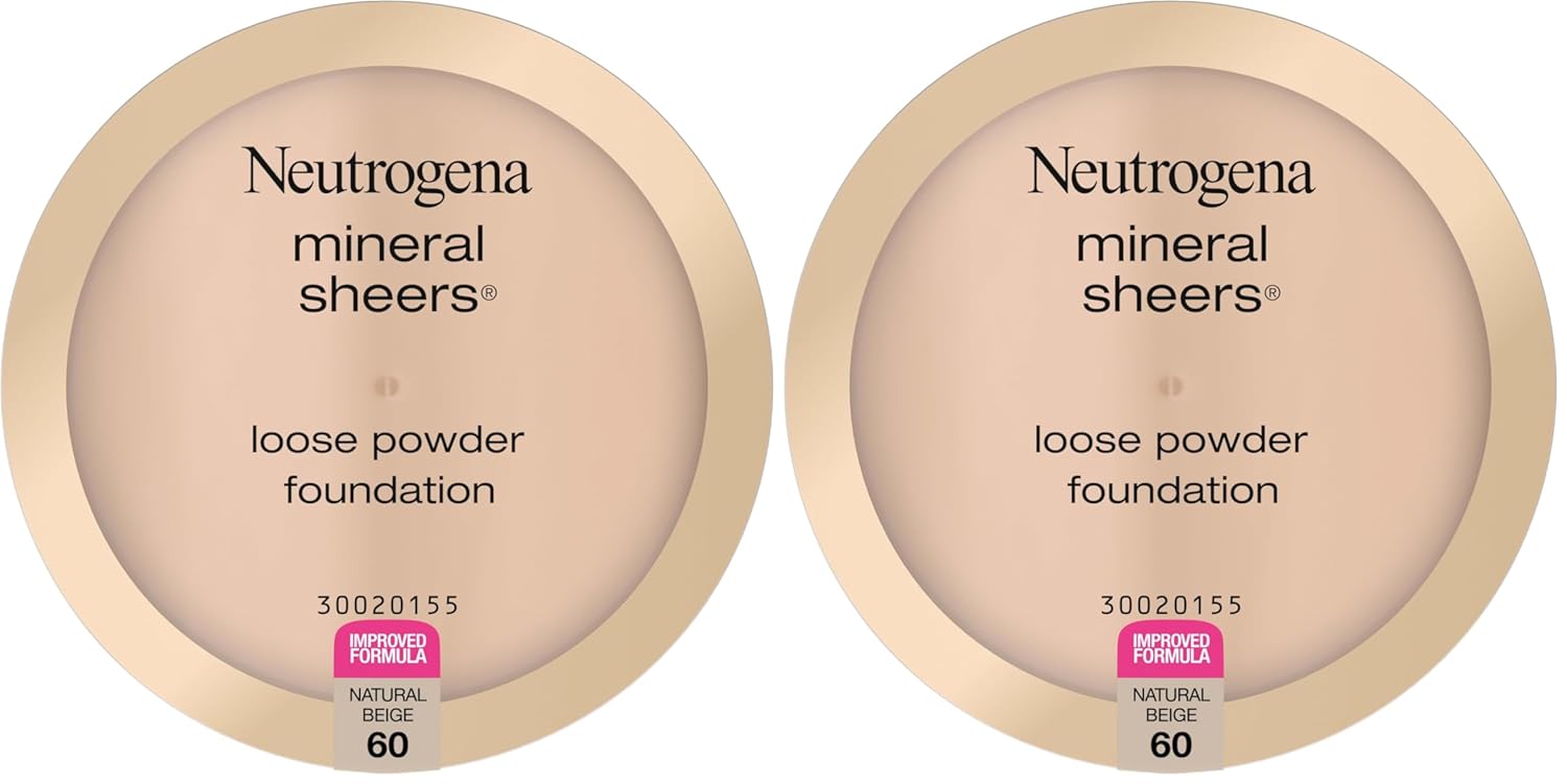 Neutrogena Mineral Sheers Lightweight Loose Powder Makeup Foundation with Vitamins A, C, & E, Sheer to Medium Buildable Coverage, Skin Tone Enhancer, Face Redness Reducer, Natural Beige 60,.19 oz