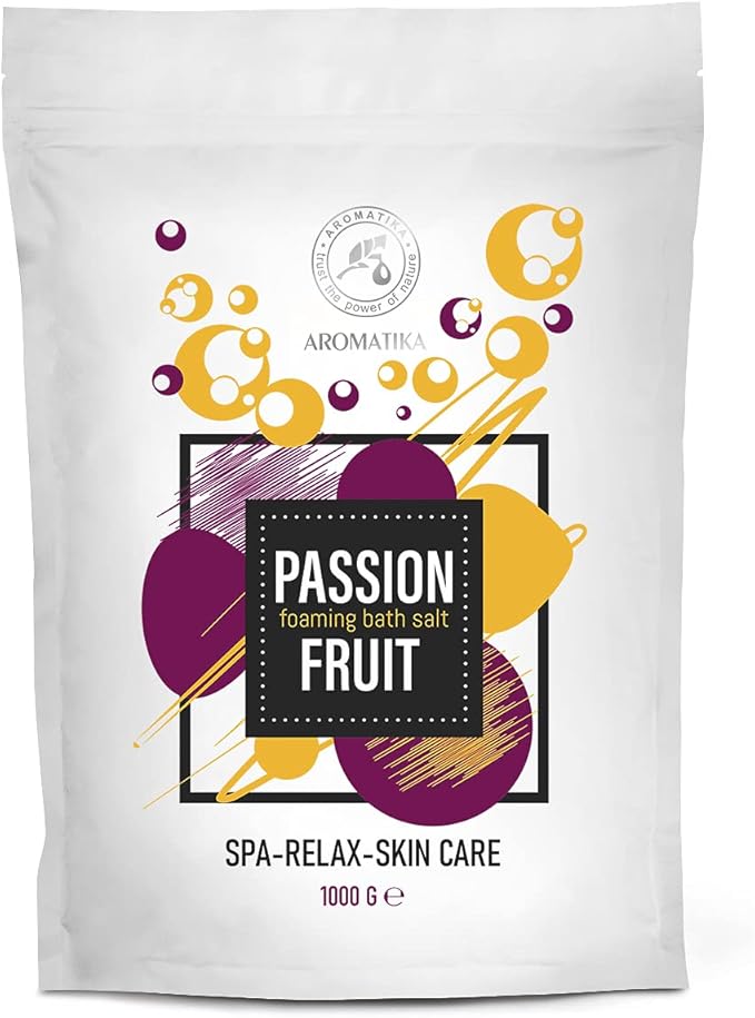 Foaming Bath Sea Salt Passion Fruit 35 Oz (1000g) Bubble Bath Salts with Almond & Grape Seed Essential Oil & Passion Fruit Extract for Bath Soak - Relaxing Bath - Aromatherapy Bath Salts