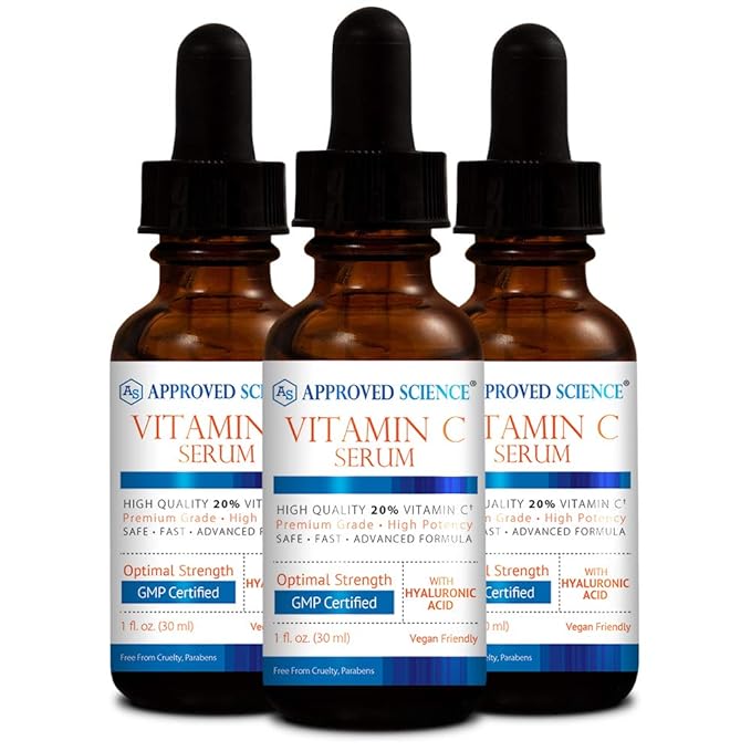 Approved Science® Vitamin C Serum for Face and Skin - 20% Vitamin C, Sodium Hyaluronate, Vitamin E - Vegan Friendly - 3 Serums