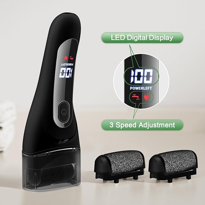 Electric Foot File Pedicure Feet Hard Skin Remover Foot Scraper Dry Dead Skin Remover Callus Exfoliator Rechargeable Feet Scrubber with 3 Replacement Rollers Foot Care Skin Removers, Black