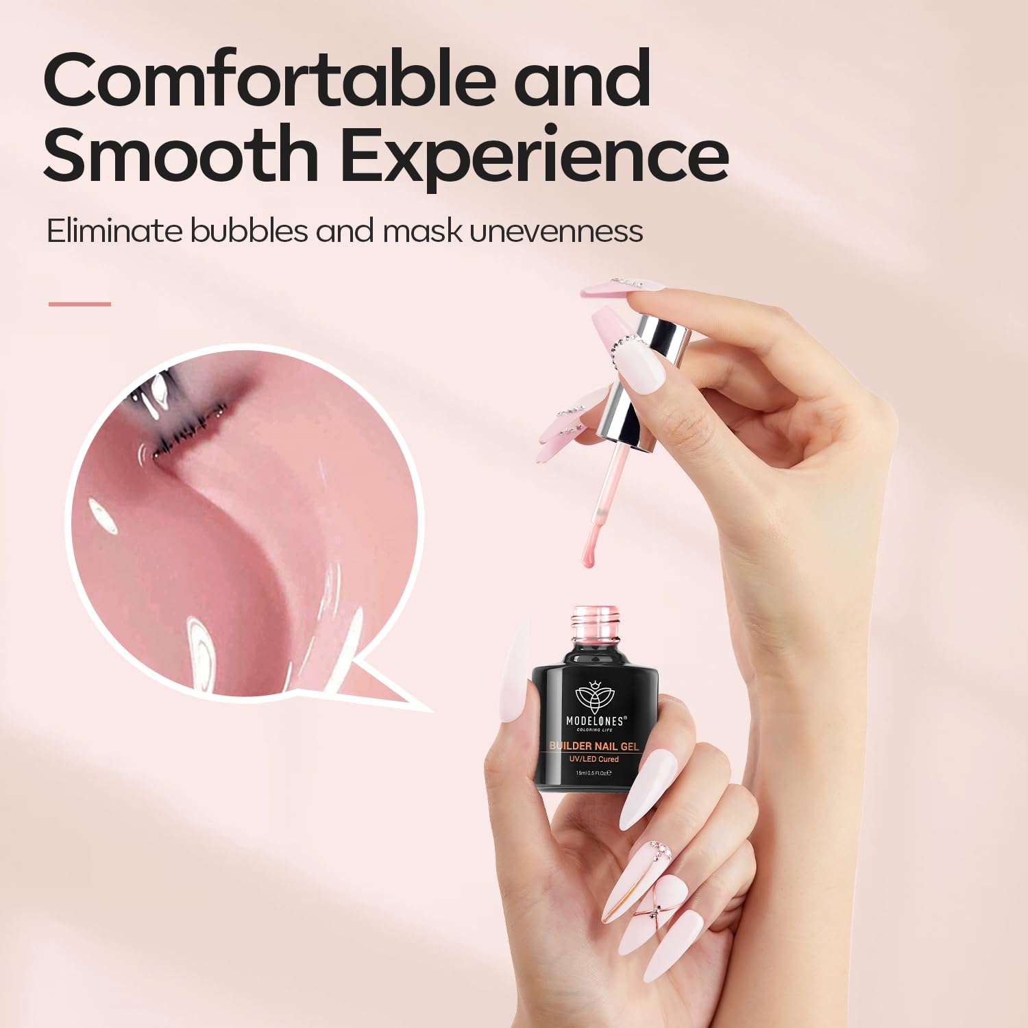 modelones Builder Nail Gel with Gel Top Coat, 8-In-One Nude Pink Builder Acid Free Top Coat for Color Rubber Base Nail Polish Thickening Apex Building Shine Finish, LED Lamp Cured 10ml Home DIY Salon