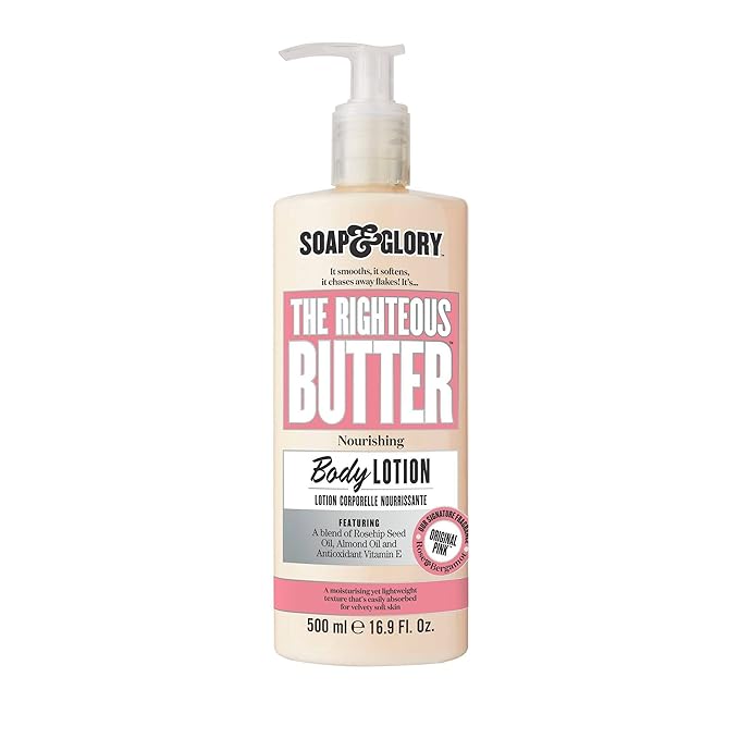 Soap & Glory Original Pink The Righteous Butter Moisturizing Body Lotion Pump - Shea Butter, Vitamin E & Aloe Vera Vegan Body Moisturizer - Rose & Bergamot Scented Lotion (500ml)