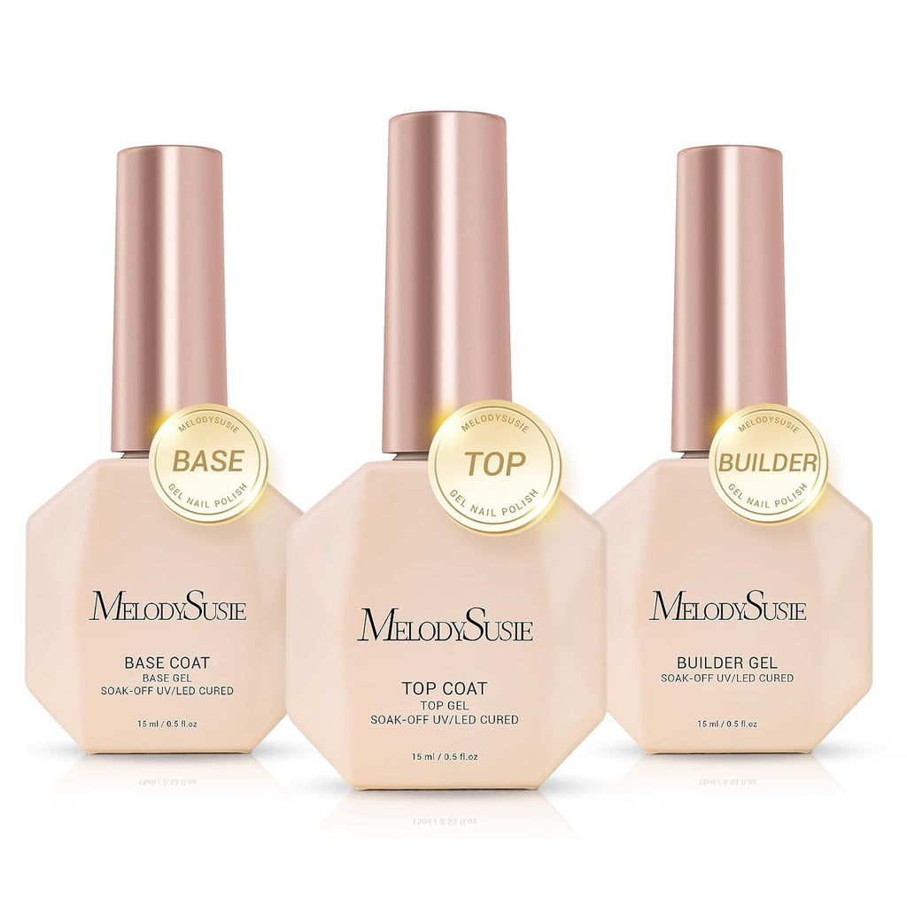 MelodySusie Top Coat Builder Gel Base Coat No Wipe Glossy Set Long Lasting Shine Finish Soak Off UV LED Nail Lamp Nail Polish Art Design Manicure Kit Perfect Gifts for Women Girls 3 Pcs 15ml Clear