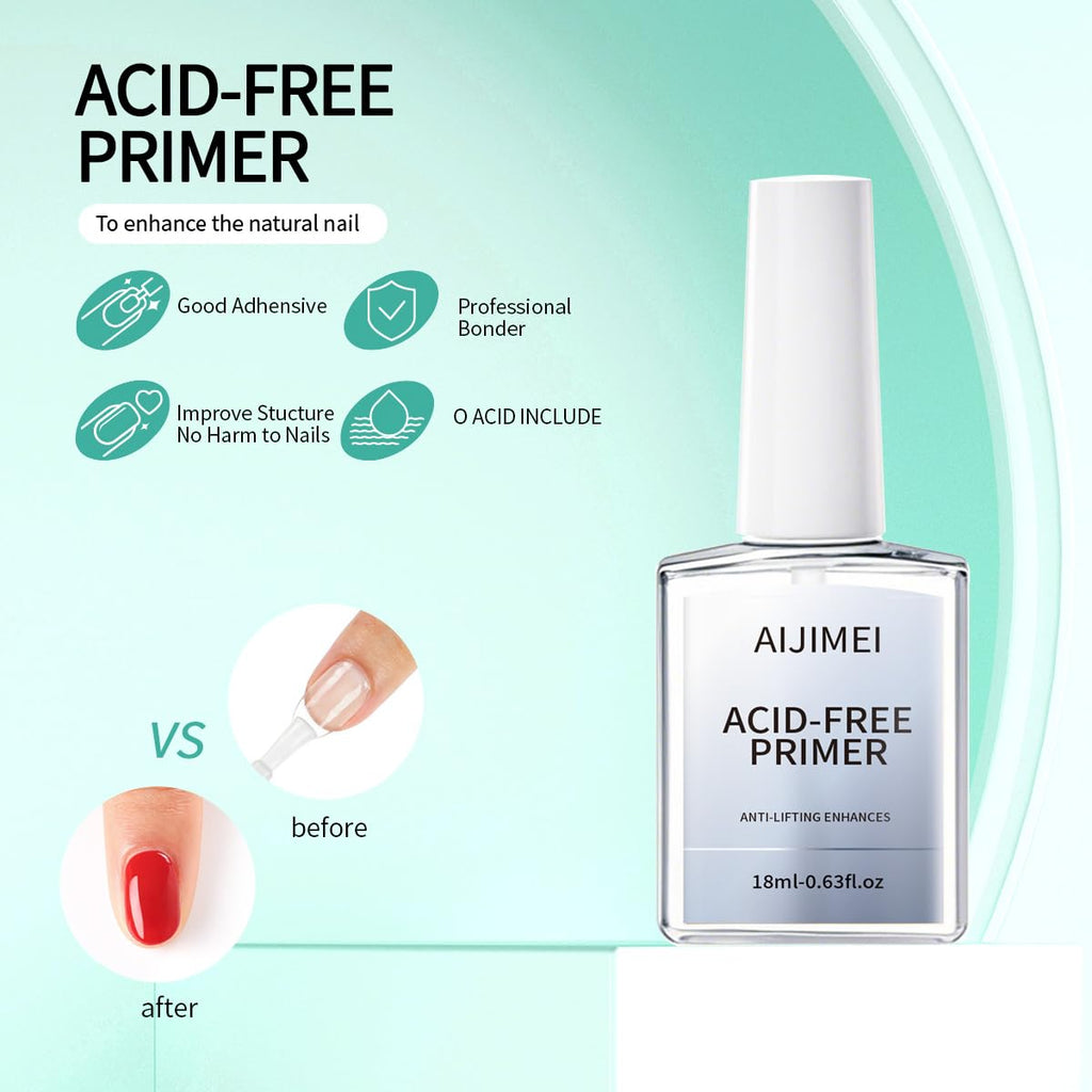 AIJIMEI Professional Natural Nail Prep Dehydration and Acid Free Primer For Acrylic False Nail Tips Bond Base Gel Nail Polish and Quick Drying Adhesive Dehydrator Set（18ml/0.63fl.oz