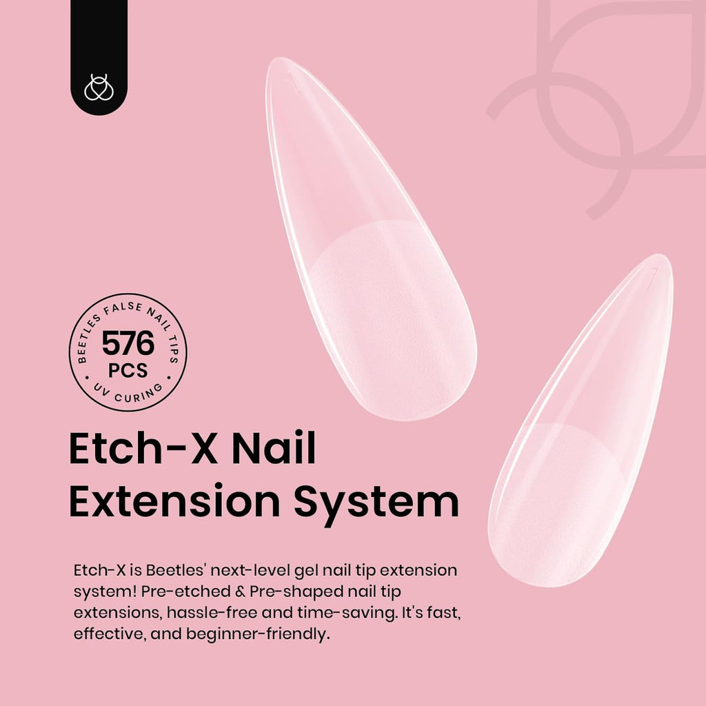 Beetles Gel Nail Tips Etch-X, Stiletto Medium, 576Pcs 12 Sizes, Pre-Etched Half Matte Full Cover Soft Acrylic Fall Halloween False Nail Tips Easy DIY Press On Nail Extensions Salon Gift for Women