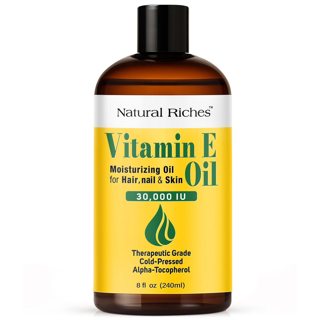 Natural Riches Vitamin E Oil | 100% Pure and Natural Cold Pressed Vitamin E oil for Skin, Scars, Face, Nails, Hair, Scalp 30,000 IU Non-GMO Verified Hair & Body Oil :8 Fl Oz