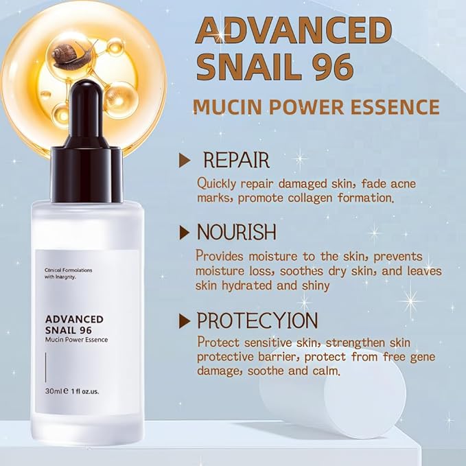 96 Snail Slime Facial Repair Serum, Facial Moisturizing Essence, Snail Secrete Filtrate for Darkening Skin and Fine Lines, Reducing Acne,Anti-aging Facial Serum 30ML
