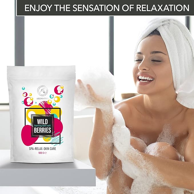 Foaming Bath Sea Salt Wild Berries 35 Oz (1000g) - Bubble Bath Salts with Almond & Grape Seed Essential Oil & Grapefruit Peel Oil for Bath Soak - Relaxing Bath - Relaxation - Aromatherapy Bath Salts