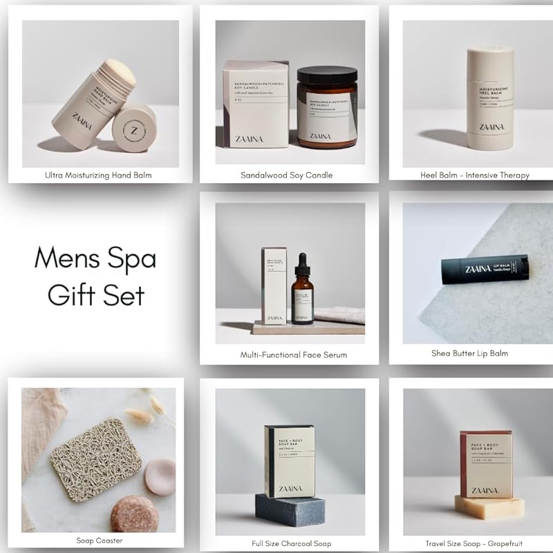 Men's Self Care Package - Luxury Spa Gift Set for Him, Unique Father's Day Gifts for Men - Handmade in USA, Relaxation Spa Gift Set for Him - Natural Men Skin Care Kit with Sandalwood Candle, Self Care Gift for Men by ZAAINA