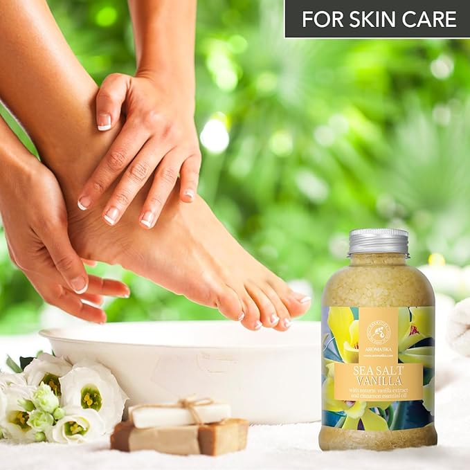 Sea Salt Vanilla 21.16 Oz - w/Vanilla & Cinnamon Essential Oils - Natural Bath Sea Salts - Best for Bath - Good Sleep - Relaxing - Body Care - Beauty