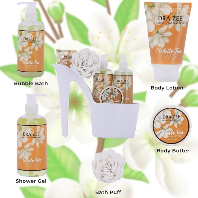 Draizee Mothers Day Gifts for Mom-Spa Gift Baskets for Women-6 Pcs Luxury White Tea Scented Heel Shoe Design Bath and Body Spa Set, Self Care Package for Women, Presents for Mom, Body Care Set for Her