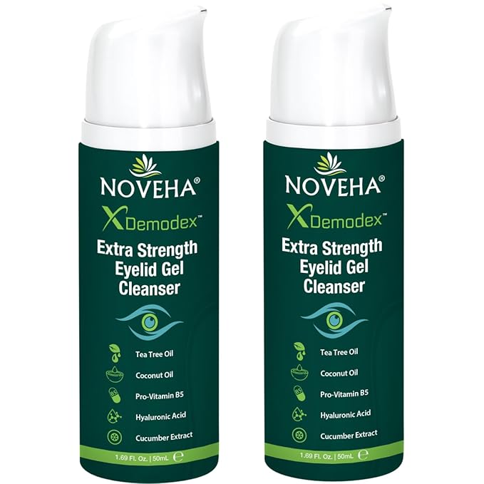 NOVEHA Demodex Extra Strength Eyelid Gel Cleanser - for Demodex, MGD and Dry Eye with Pro-Vitamin B5, Tea Tree Oil, and Hyaluronic Acid - Gentle Cleansing, Soothes Itchy Eyelid - 50mL (2 Pack)