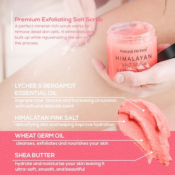 Natural Riches Himalayan Salt Exfoliating Body Scrub Lychee Bergamot Essential oil with Vitamin C - (12 Oz / 340 gm) Moisturize Deep Cleansing foot scrub body skin exfoliator