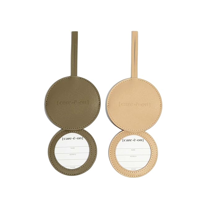 Careeon En Route Essentials Skin Care Kit with Luggage Tag 100% Vegan Leather Minimalistic Loop Design with Clear Window (tan) - Amazon Exclusive