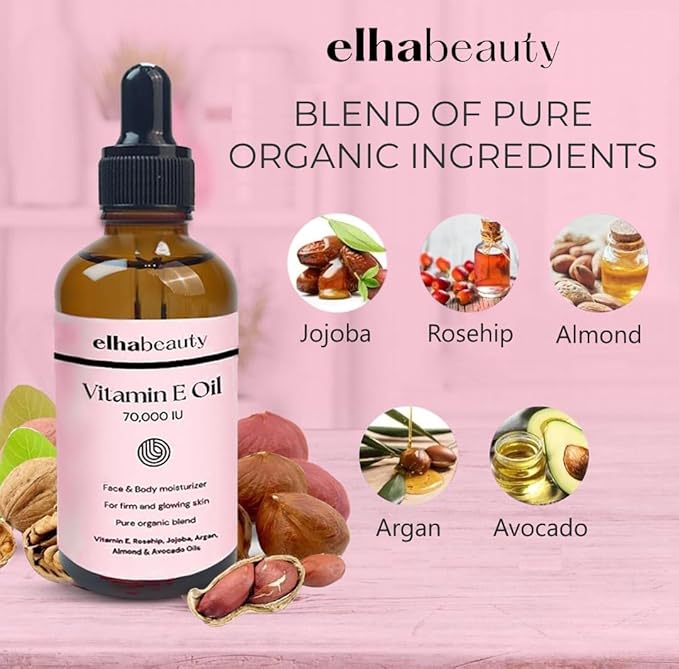 Elhabeauty Vitamin E Oil 70,000 IU, Face & Body Moisturizer, with Rosehip, Jojoba, Almond and Avocado Oils, for a firm and healthy Skin, 3.88 fl oz