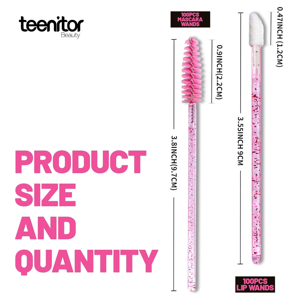 Teenitor 200pcs Mascara Wands and Lip Applicators Disposable, 100pcs Disposable Mascara Wands, 100pcs Lip Applicators Pink