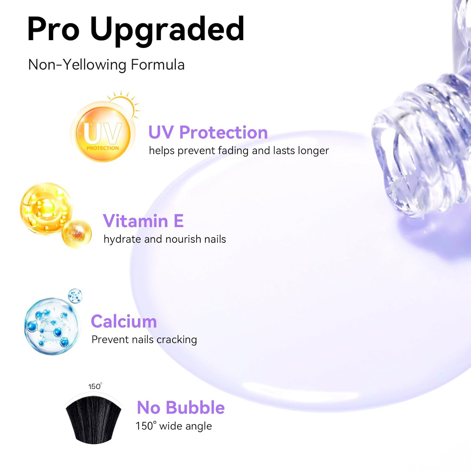 Anti-UV Base Top Coat, 2PCS Calcium & VE Base Strengthening High Shine Top Coat Clear Nail Polish, Chip Resistant Quick Air Dry Protects Color & Nails Prevents Discoloration Manicure Gift