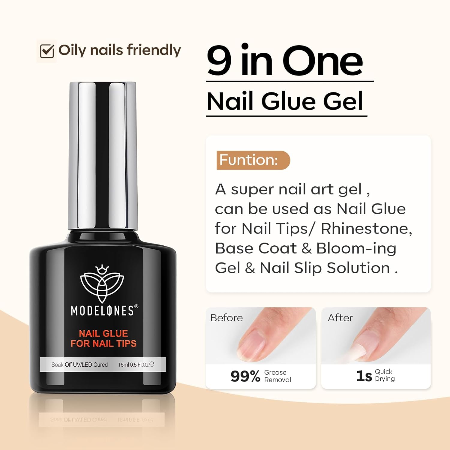 modelones Nail Glue & Top Coat Base Gel Set No Wipe Long Lasting Glossy Gel Top Coat Base Coat 9 in One Nail Glue Gel Nails Kit