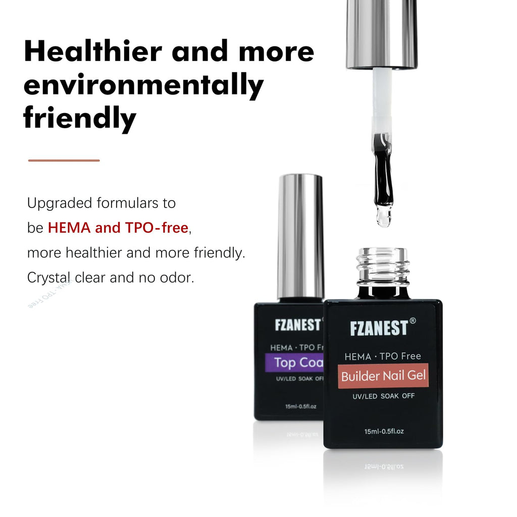FZANEST Builder Nail Gel and Top Coat, 15ml * 2Pcs Hema & TPO-Free Builder Gel Nail Kit Strengthen Extension No Wipe Ultra Shine Top Coat Nail Polish Soak Off UV Led