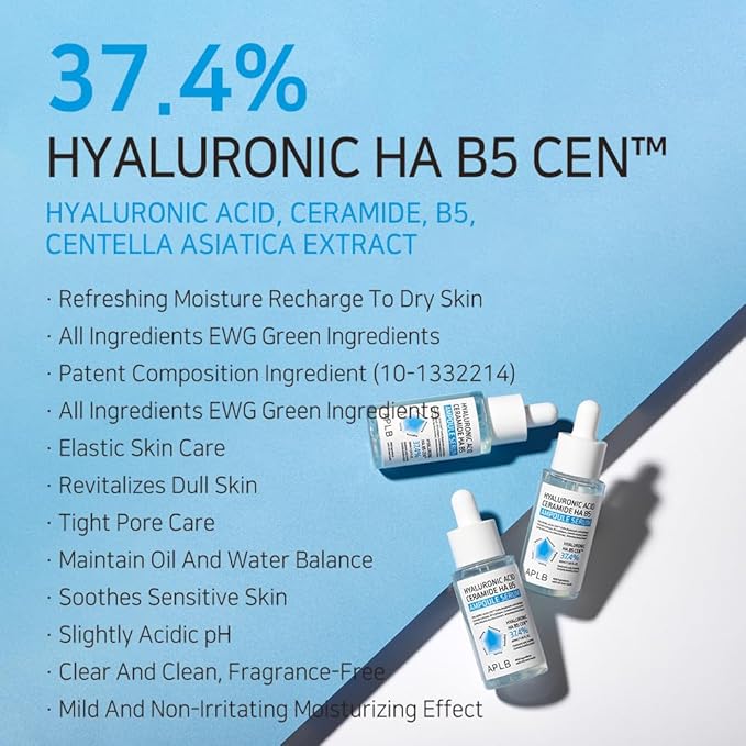 APLB Hyaluronic Acid Ceramide HA B5 Ampoule Serum | HYALURONIC HA B5 CEN™ 37.4% 1.35 FL.OZ/Korean Skincare, Long lasting moisturizing, Revitalize for gentle and improve skin texture