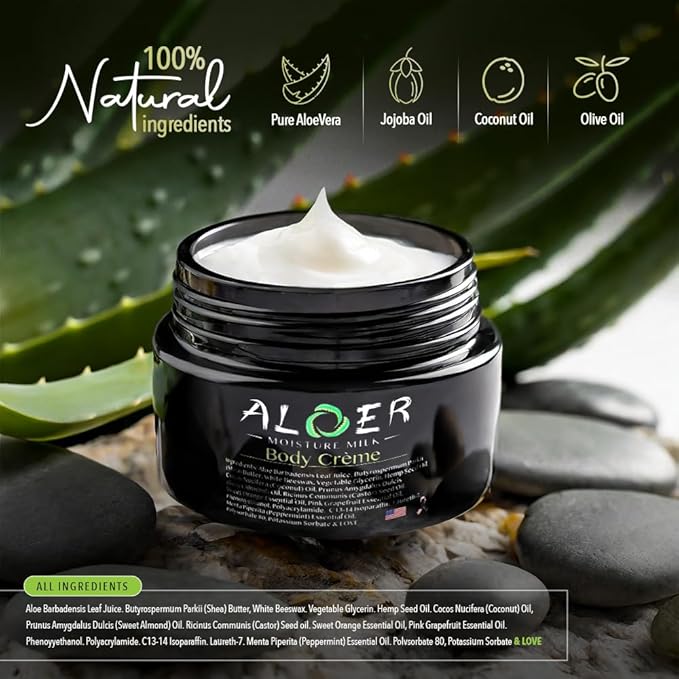 Moisture Milk Unisex Multipurpose Body Creme, Face and Body Moisturizer for Dry Skin, Pure Aloe Vera, Castor Seed Oil, Essential Oils, Soothes Skin, 4 Ounce, Non-greasy formula