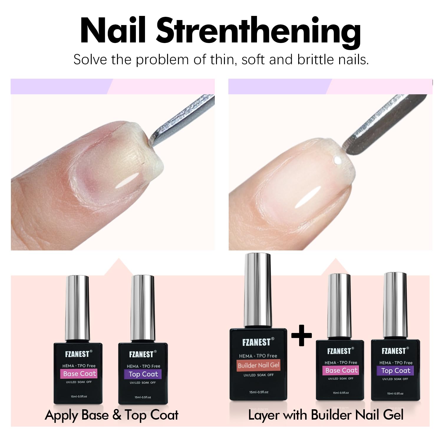 FZANEST Builder Gel With Top and Base Coat HEMA TPO-Free, 15ml * 3pcs Clear Gel Nail Polish Kit for Nail Strengthening Building Apex Extension Soak Off No Wipe Top Coat Base Harden Nails