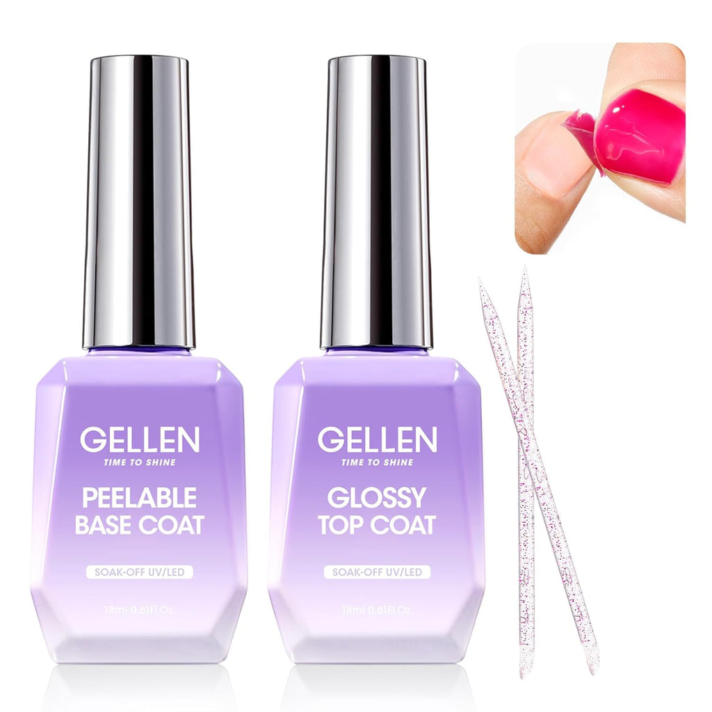 GELLEN Peel Off Gel Base Coat and Top Coat Set, Peelable Base Gel without Soaking, Clear Top Coat Nail Polish, UV LED Lamp Needed, Home DIY Nail Art Manicure Set