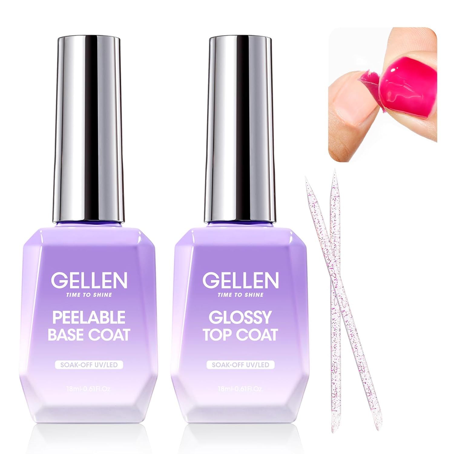 GELLEN Peel Off Gel Base Coat and Top Coat Set, Peelable Base Gel without Soaking, Clear Top Coat Nail Polish, UV LED Lamp Needed, Home DIY Nail Art Manicure Set