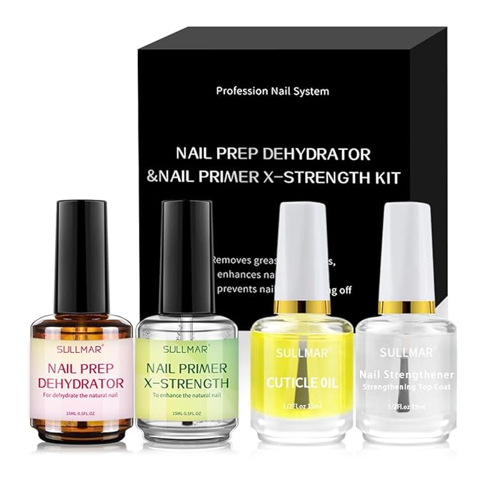 15ml Nail Prep Dehydrator&Nail Primer X-Strength Set, Nail Primer and Dehydrator for Acrylic Nails Nail Bonding Nail Care Kit with Nail Cuticle Oil and Nail Strengthener