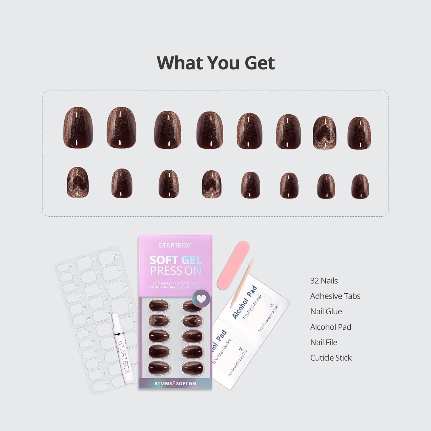 BTArtbox Extra Short Almond Press On Nails - Brown Cat Eye Press On Nails with Glue for Women, Opaque Soft Gel Glue On Nails in 16 Sizes - 32 Stick On Nails Kit, Heart Coffee Art