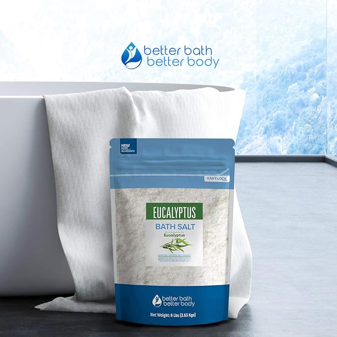 Eucalyptus Bath Salt 128 Ounces (8 Lbs) Epsom Salt with Natural Eucalyptus Essential Oil Plus Vitamin C in BPA Free Bulk Size Pouch with Easy Press Lock Seal Made in USA