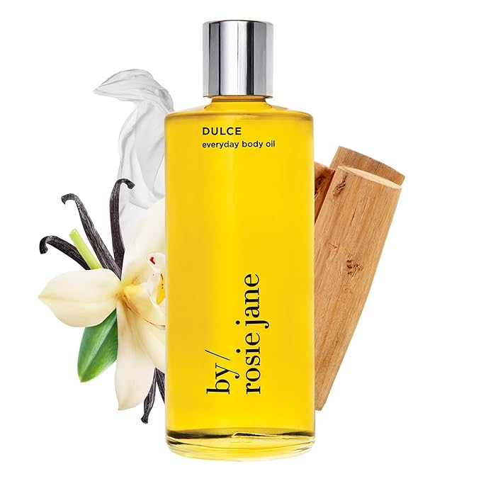 By Rosie Jane Everyday Body Oil (Dulce Fragrance) - Vanilla, Hinoki Wood & Nude Musk Scented Body Care with Sunflower, Olive & Rosehip Seed Oil to Hydrate and Nourish Dry Skin (5 fl oz)