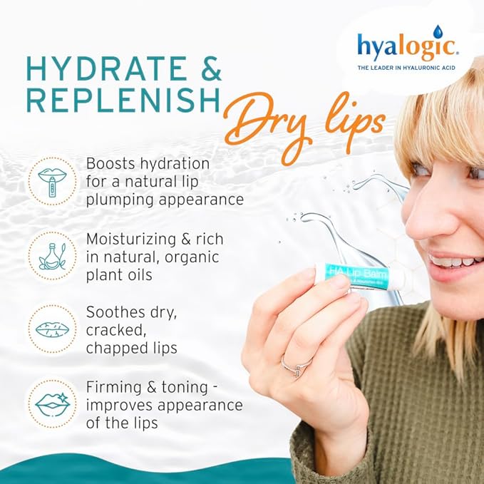 Hyalogic HA Lip Balm - Hyaluronic Acid & Organic, Natural Coconut Oil - Soothes Dry, Chapped Lips - Plumping, Moisturizing & Nourishing - Unflavored - Fragrance & Dye Free - 4.25g - 1 Stick